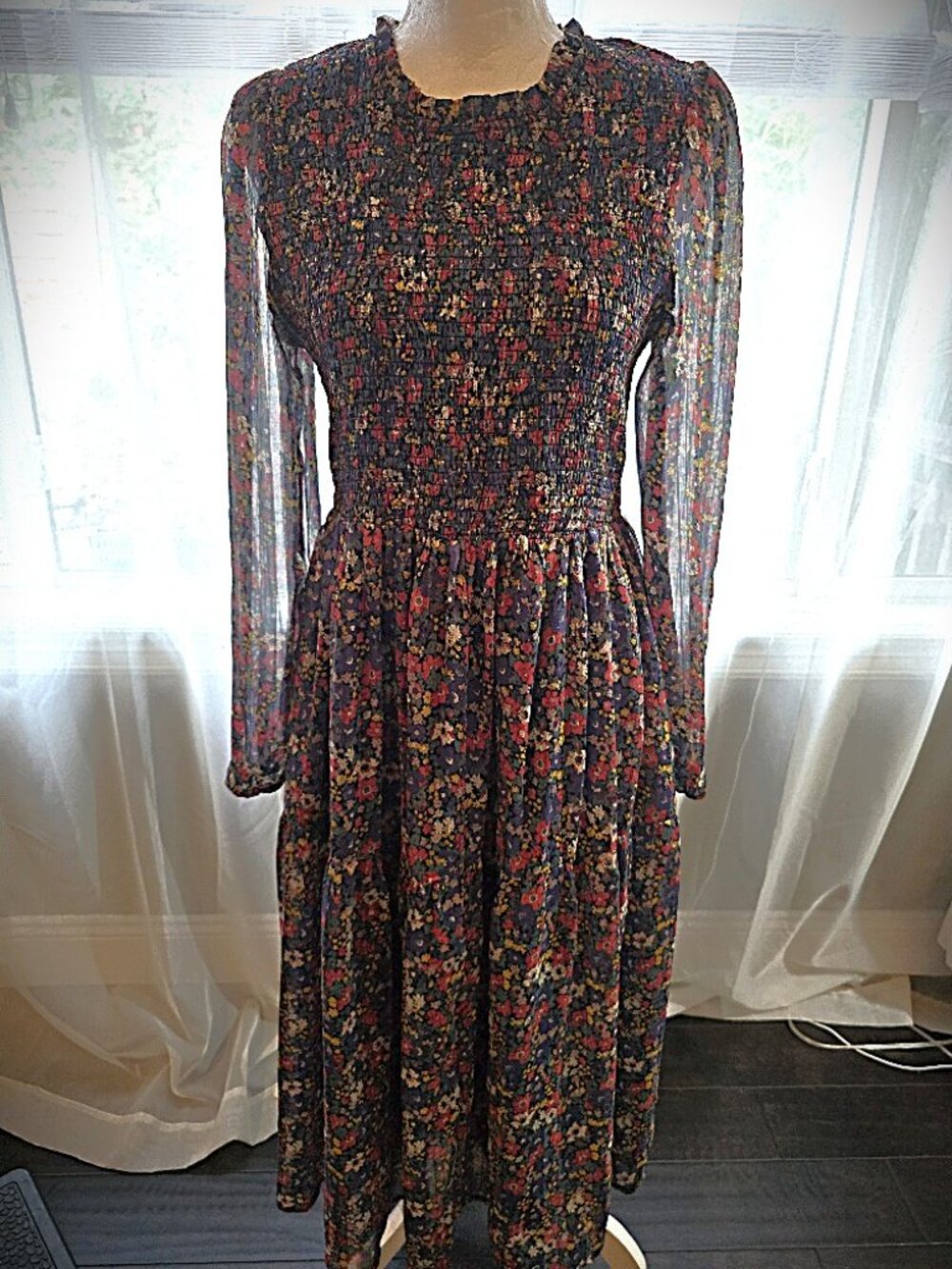 🌷💮Melloday Navy Floral Smocked Midi Dress 3/4 Sheer Sleeves M